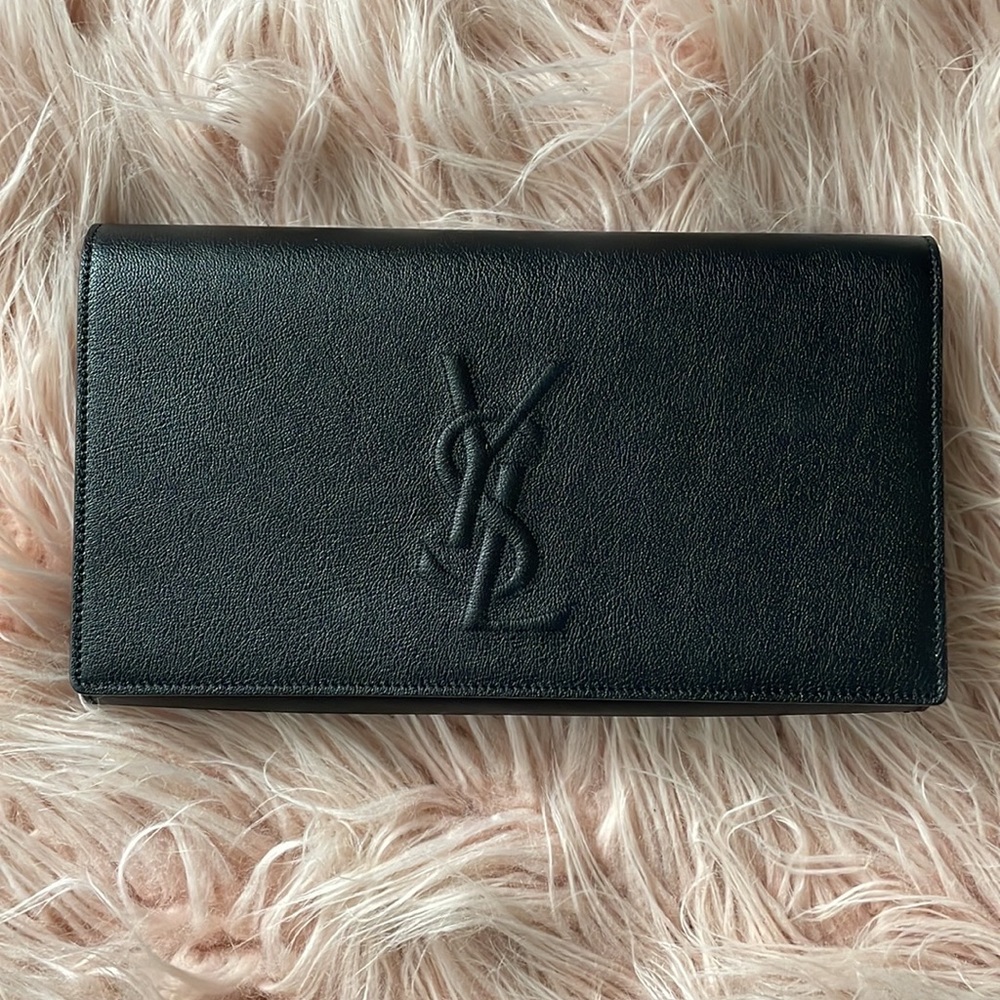 SAINT LAURENT Calfskin Monogram Large Belle De Jour Clutch